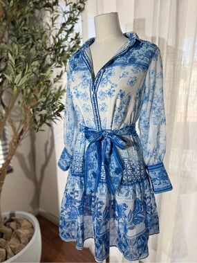 Dalia McPhee Blue Floral Women's Mini Shirt Dress with Waist Tie